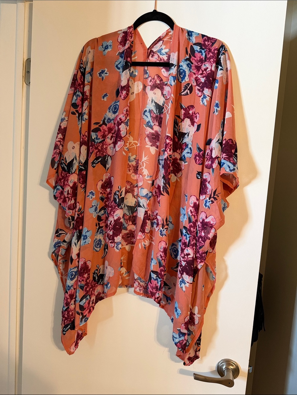 Floral Open-Front Kimono Cardigan - Coral Pink